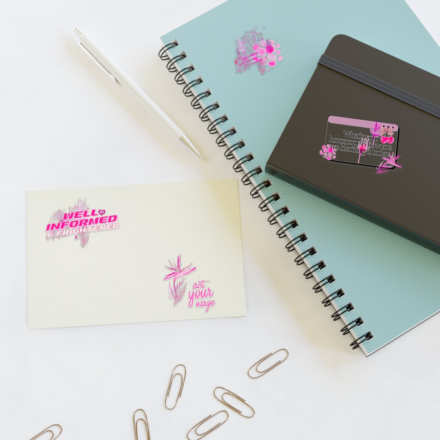 Well Informed & Frightened Pink Aesthetic Sticker Sheet — Horoscope, Floral & “Act Your Way” Designs