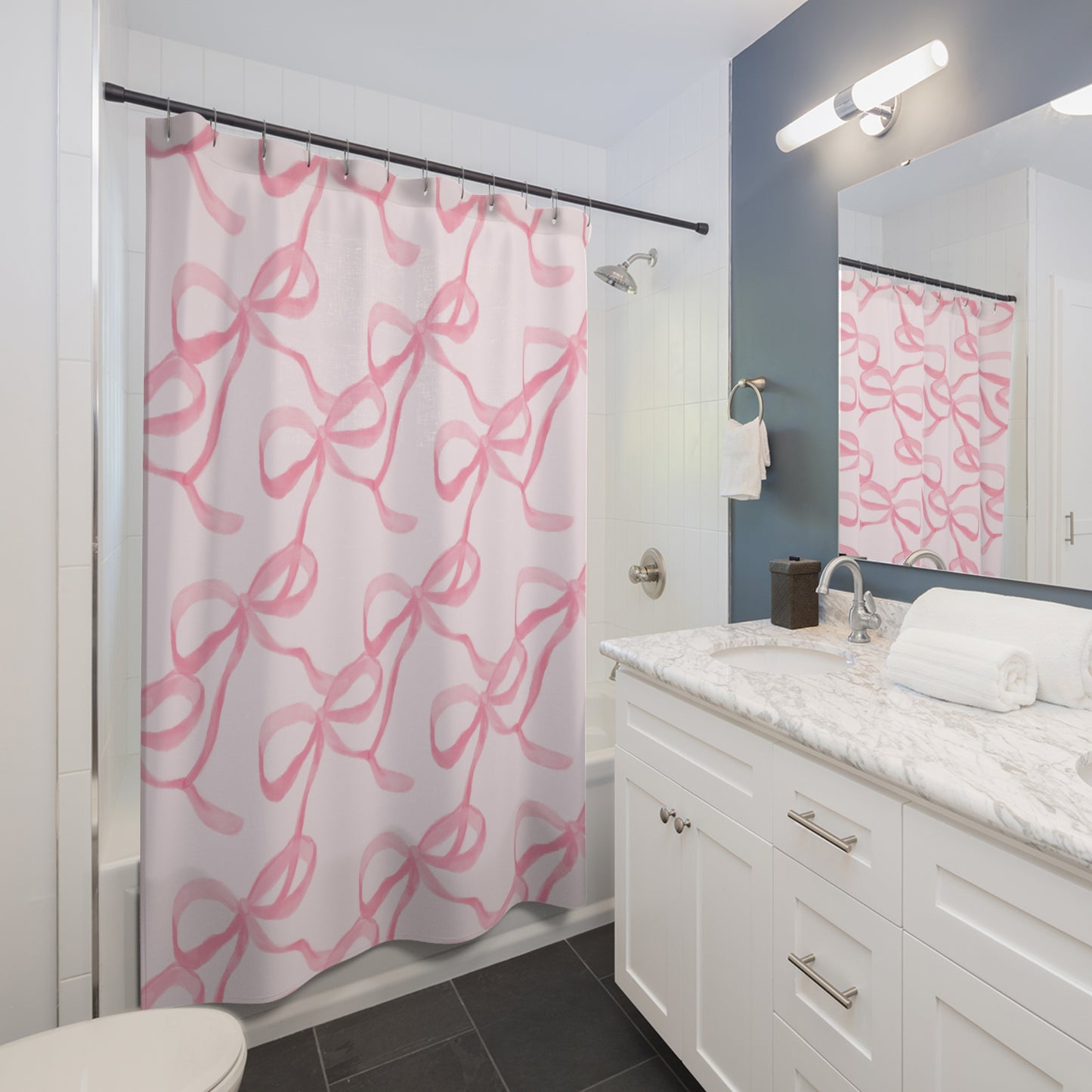 Pink Watercolor Bows Shower Curtain | Bow Pattern Bathroom Decor