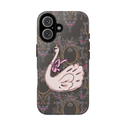 Pink Swan Tough Case | Vintage Floral Mirror Pattern, Elegant Bird Phone Cover