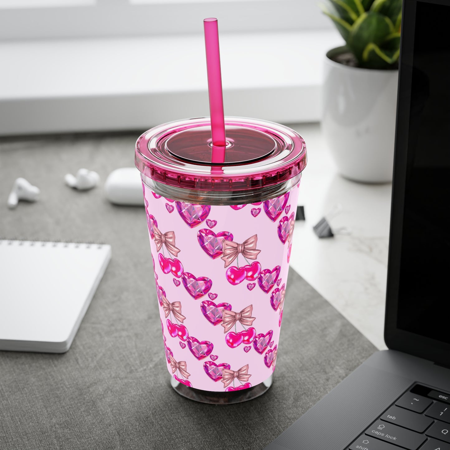 Heart Bow 16oz Tumbler with Straw — Pink Sunglasses & Bows Pattern