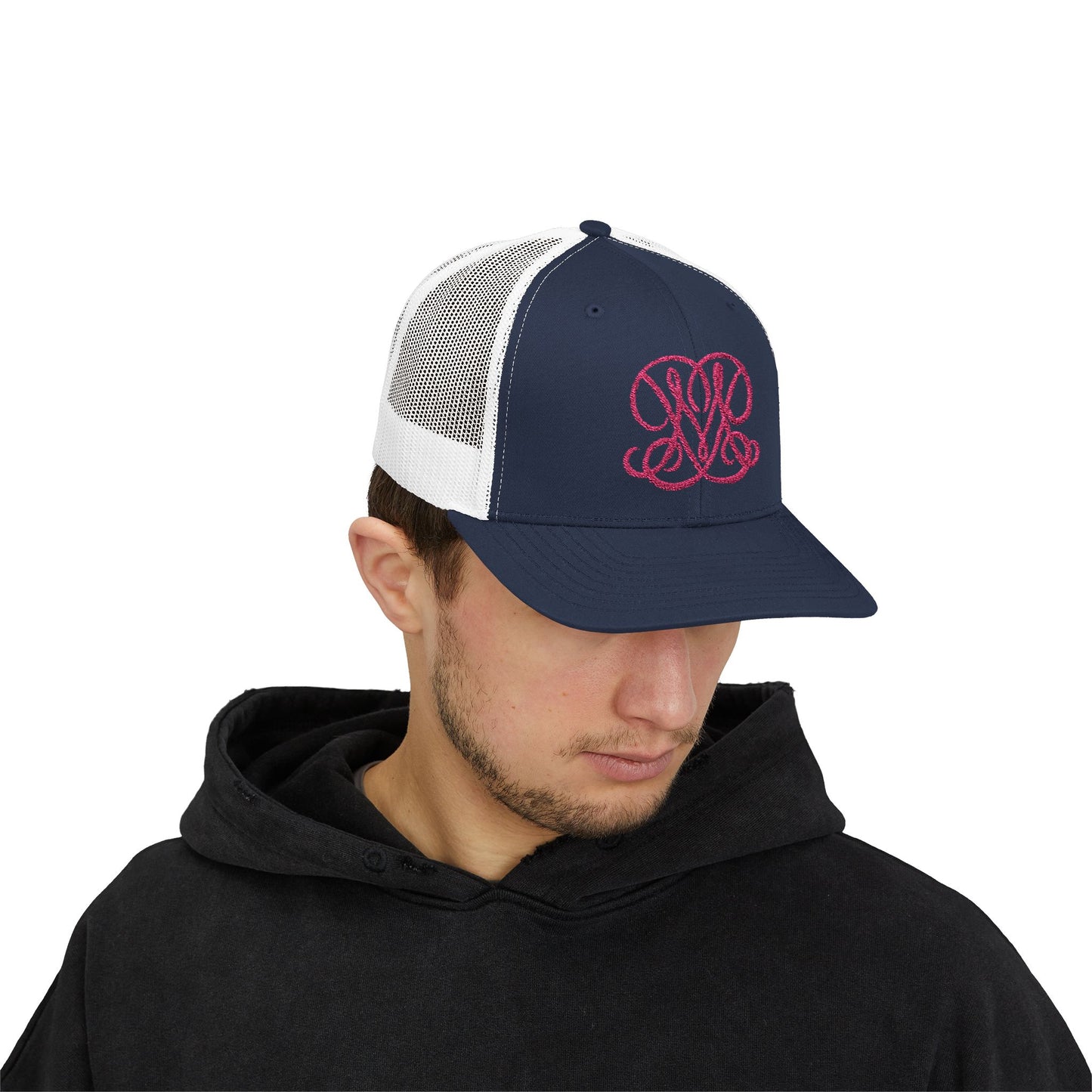 Embroidered Princess Marzipan logo Trucker Cap — Personalized Script Patch Snapback