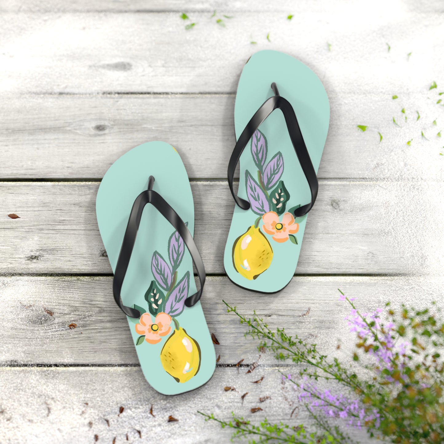 Lemon Blossom Flip Flops — Aqua Floral Summer Sandals