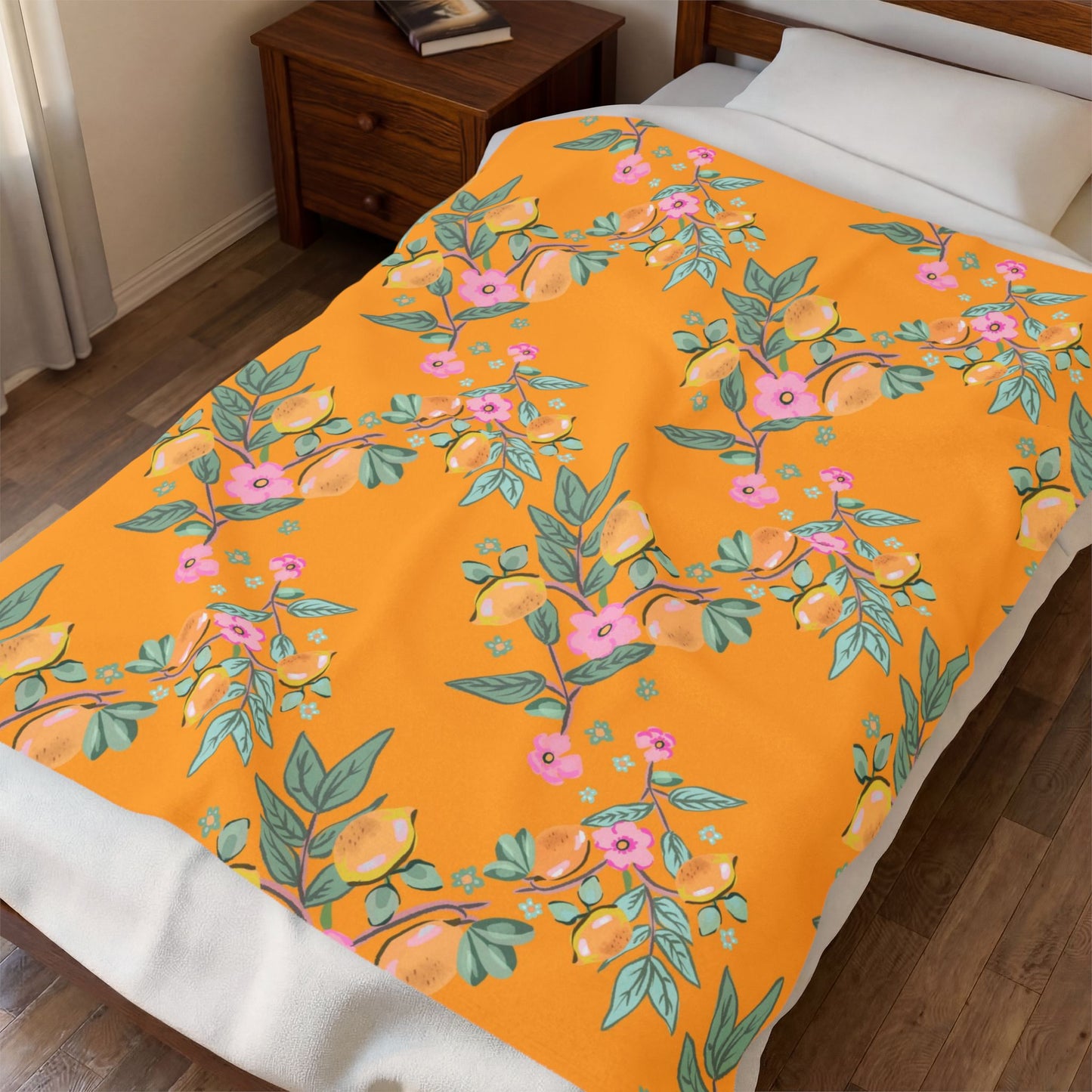 Floral Citrus Velveteen Plush Blanket – Orange Blossom Cozy Throw