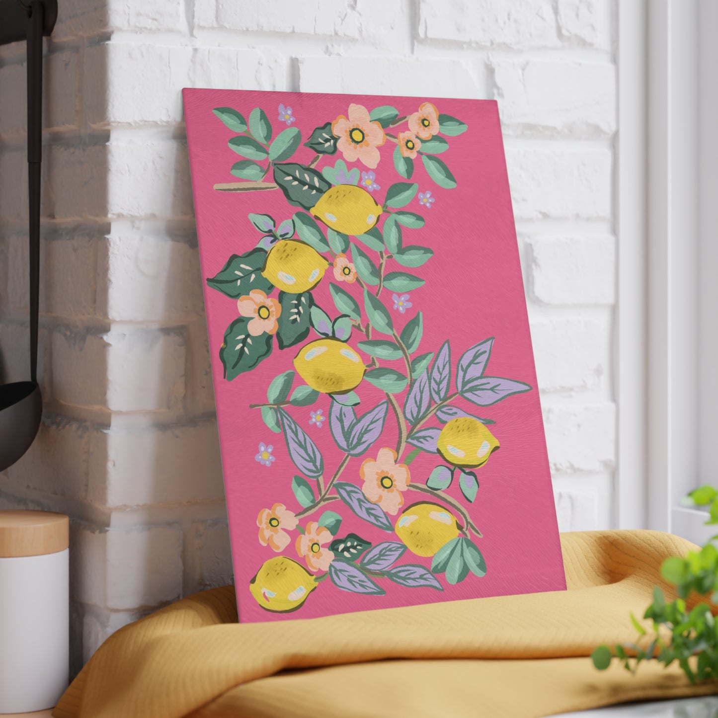Glass Cutting Board - Lemon Floral Design on Pink