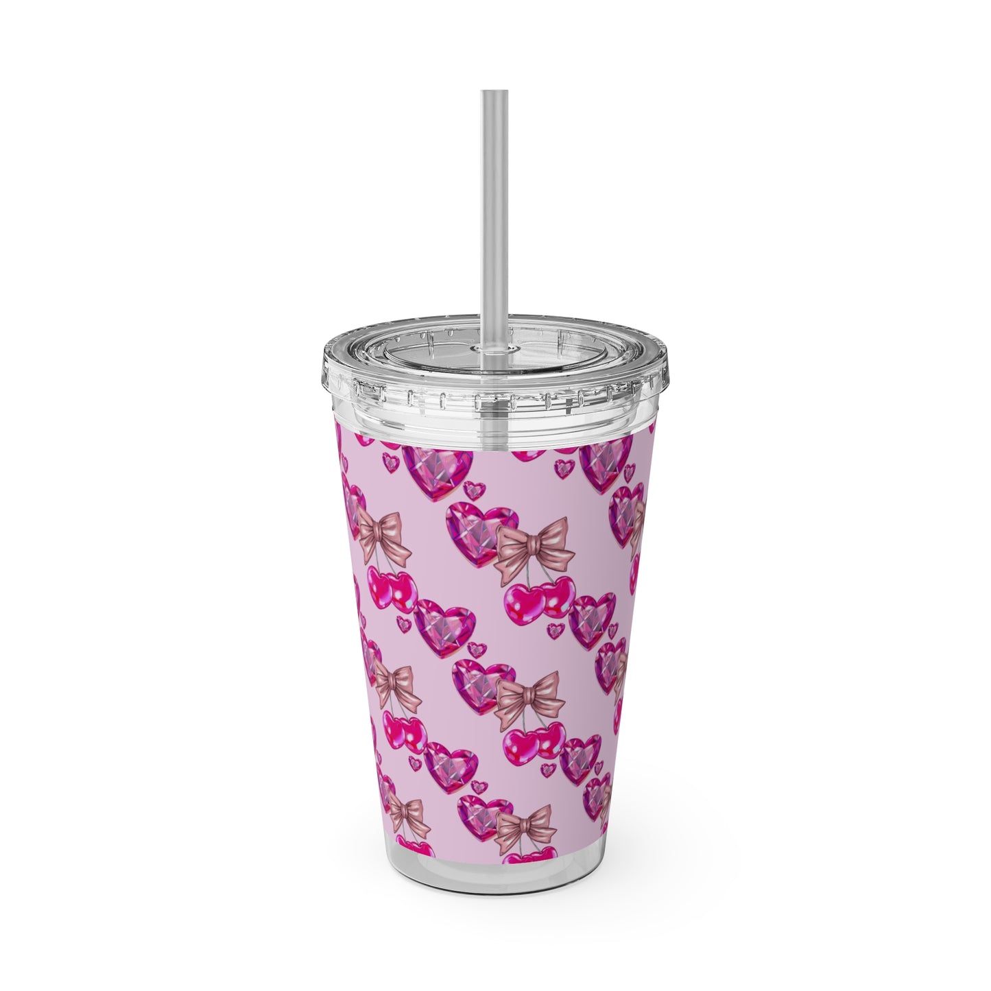 Heart Bow 16oz Tumbler with Straw — Pink Sunglasses & Bows Pattern
