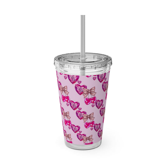 Heart Bow 16oz Tumbler with Straw — Pink Sunglasses & Bows Pattern