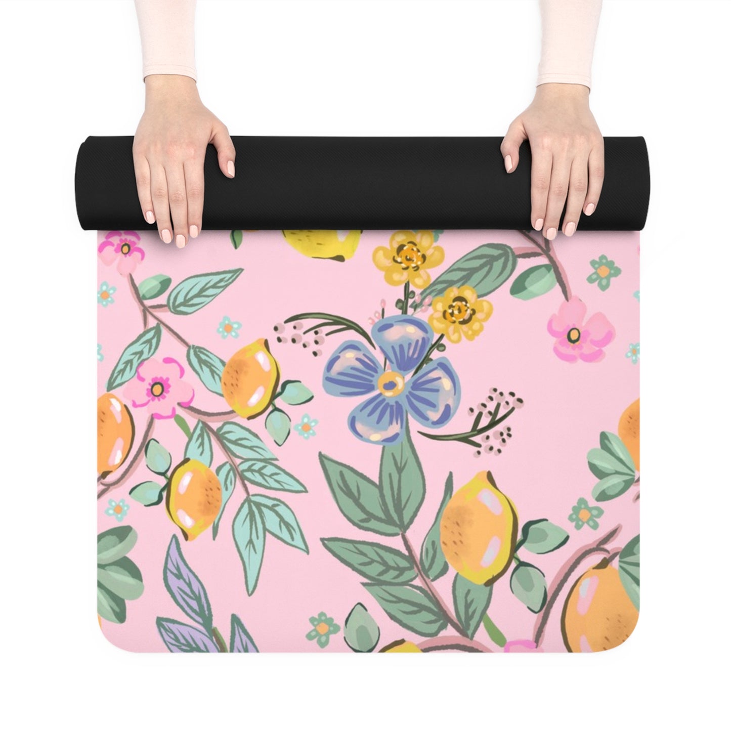 Pink Lemon Blossom Yoga Mat — Non-Slip Rubber Mat with Floral Citrus Design