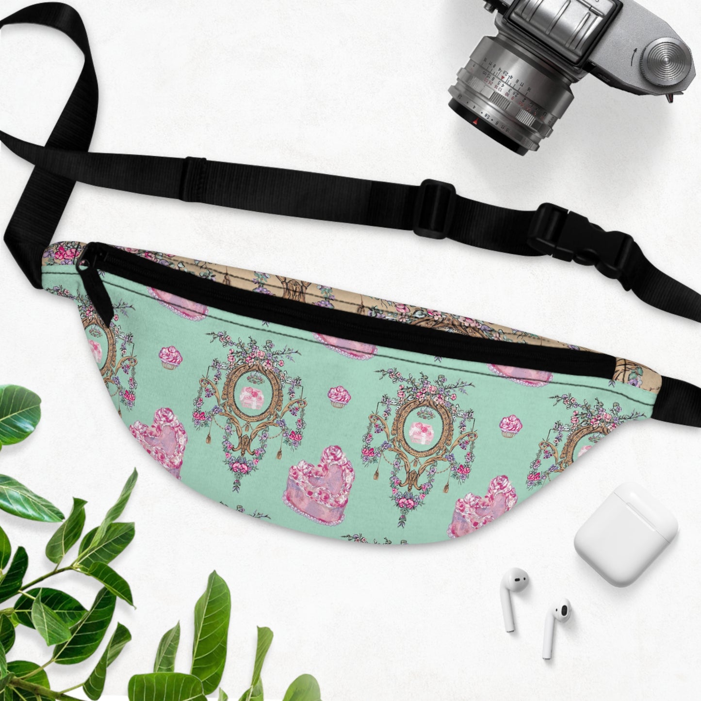 Vintage Cameo Floral Fanny Pack | Mint Pink Rococo Print
