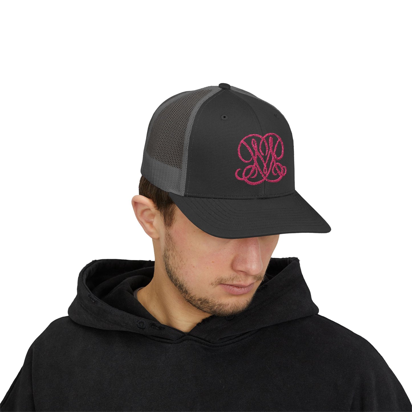 Embroidered Princess Marzipan logo Trucker Cap — Personalized Script Patch Snapback