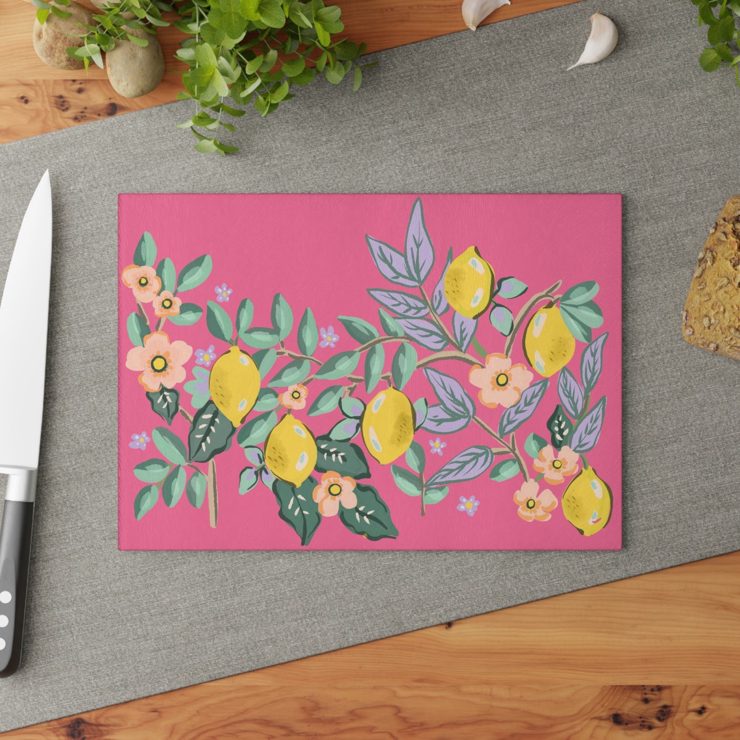 Glass Cutting Board - Lemon Floral Design on Pink