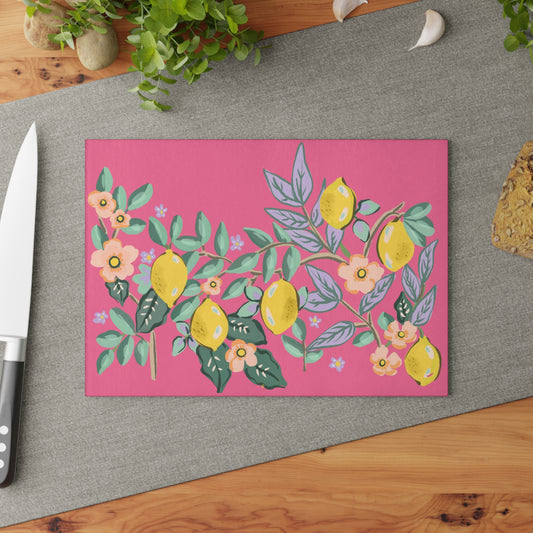 Glass Cutting Board - Lemon Floral Design on Pink