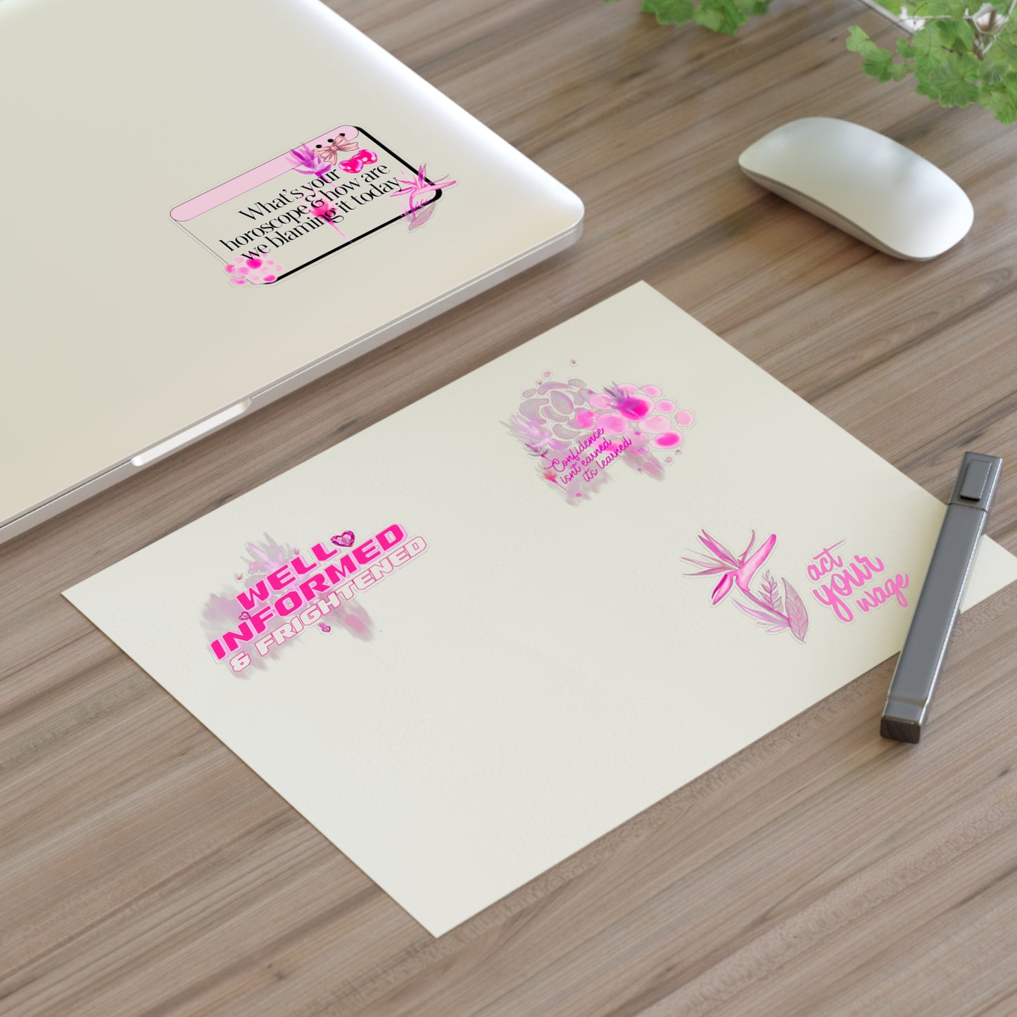 Well Informed & Frightened Pink Aesthetic Sticker Sheet — Horoscope, Floral & “Act Your Way” Designs