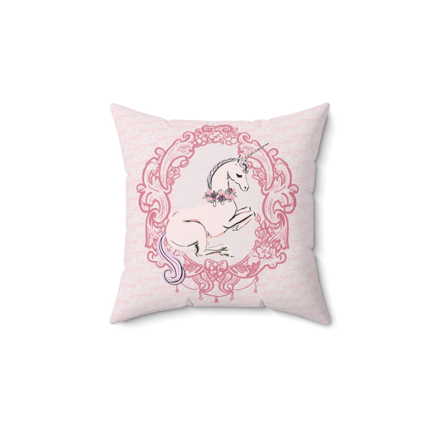 Floral Frame Unicorn Pillow | Square Decorative Throw Pillow, Pink Ballet Bows Pattern