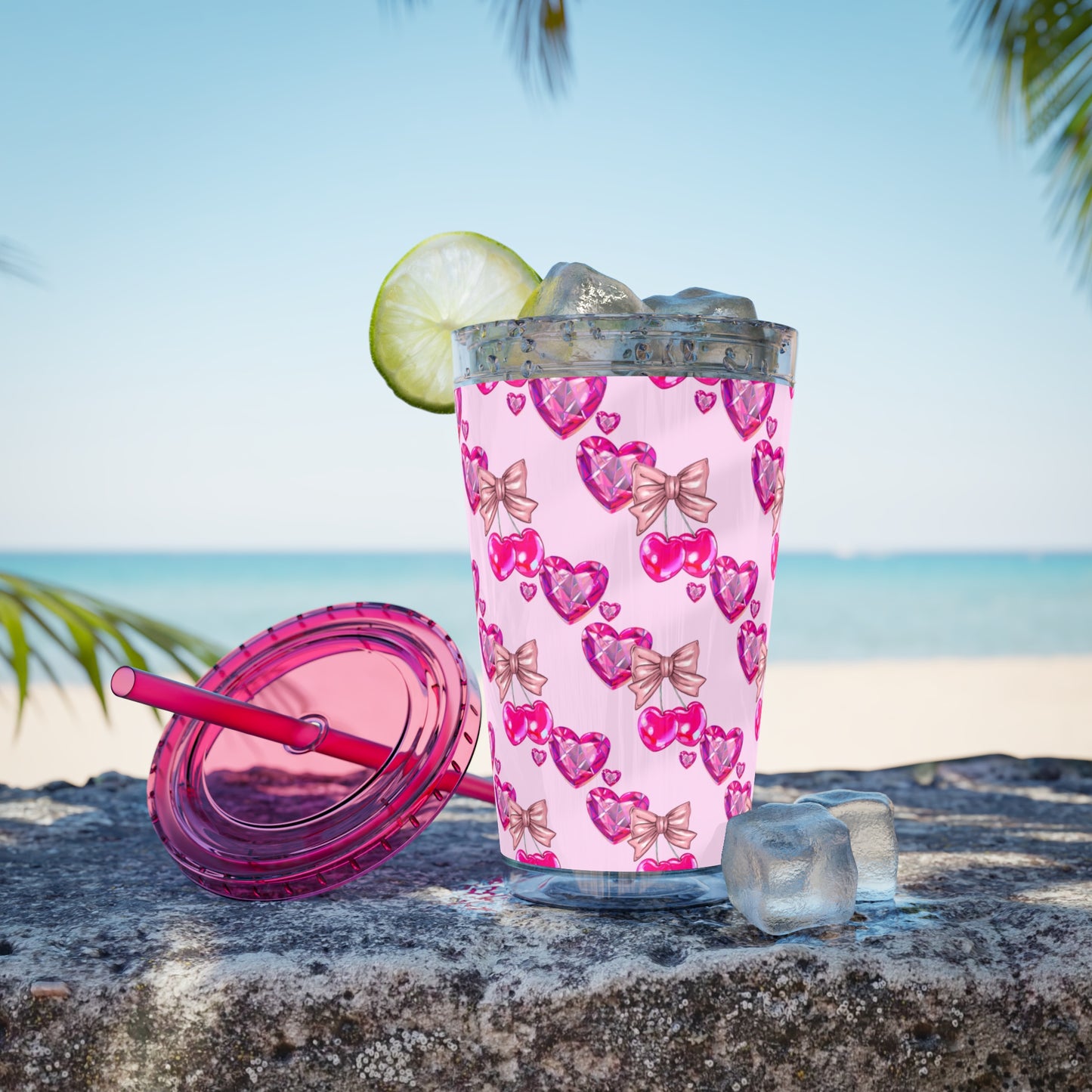 Heart Bow 16oz Tumbler with Straw — Pink Sunglasses & Bows Pattern