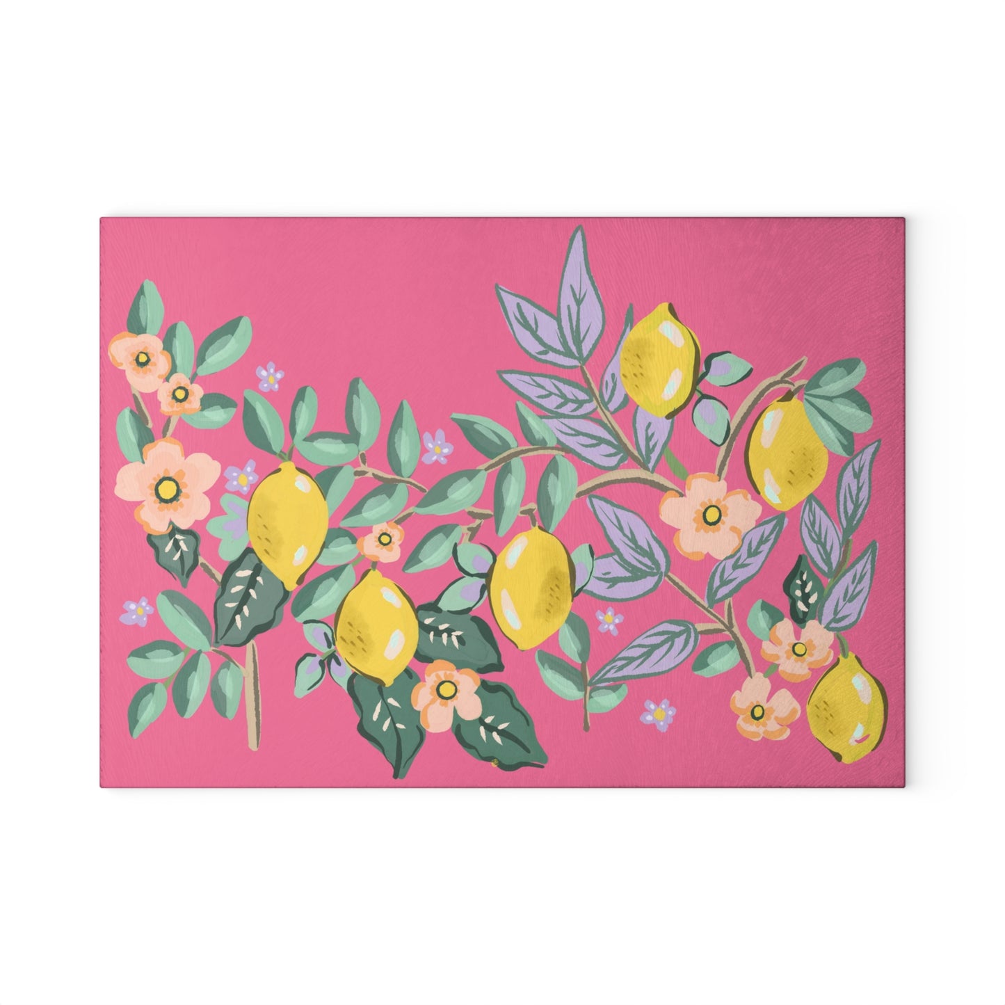 Glass Cutting Board - Lemon Floral Design on Pink
