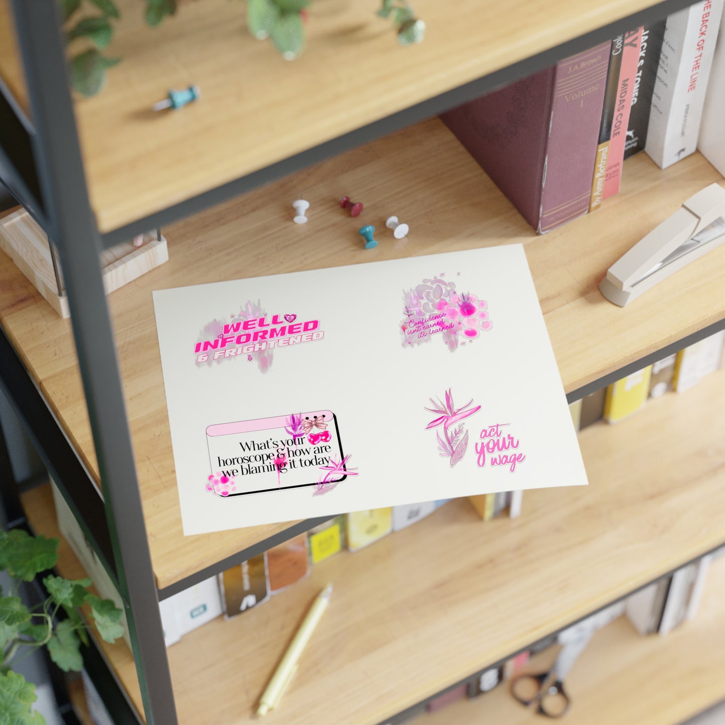 Well Informed & Frightened Pink Aesthetic Sticker Sheet — Horoscope, Floral & “Act Your Way” Designs
