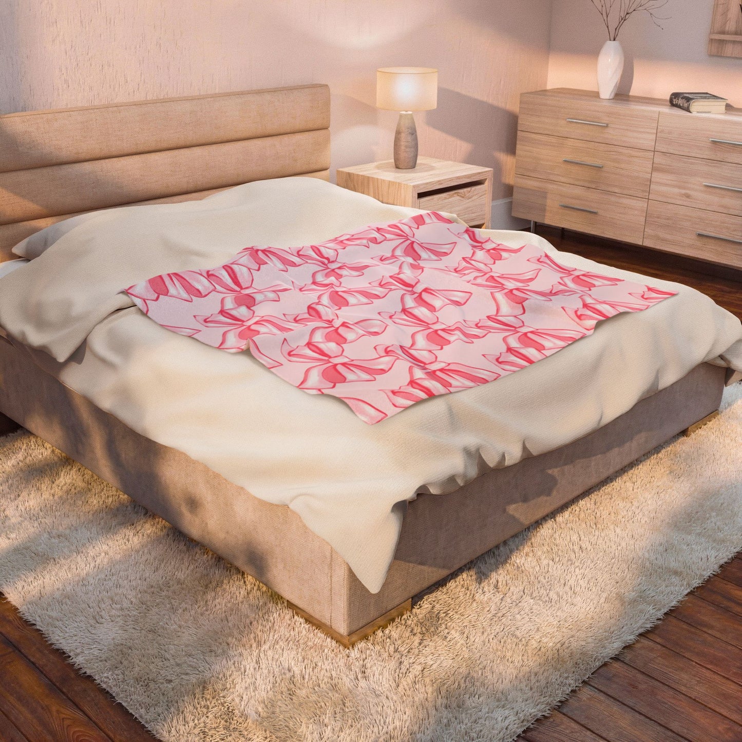 Pink Bow Pattern Velveteen Plush Blanket | Cute Ribbon Design