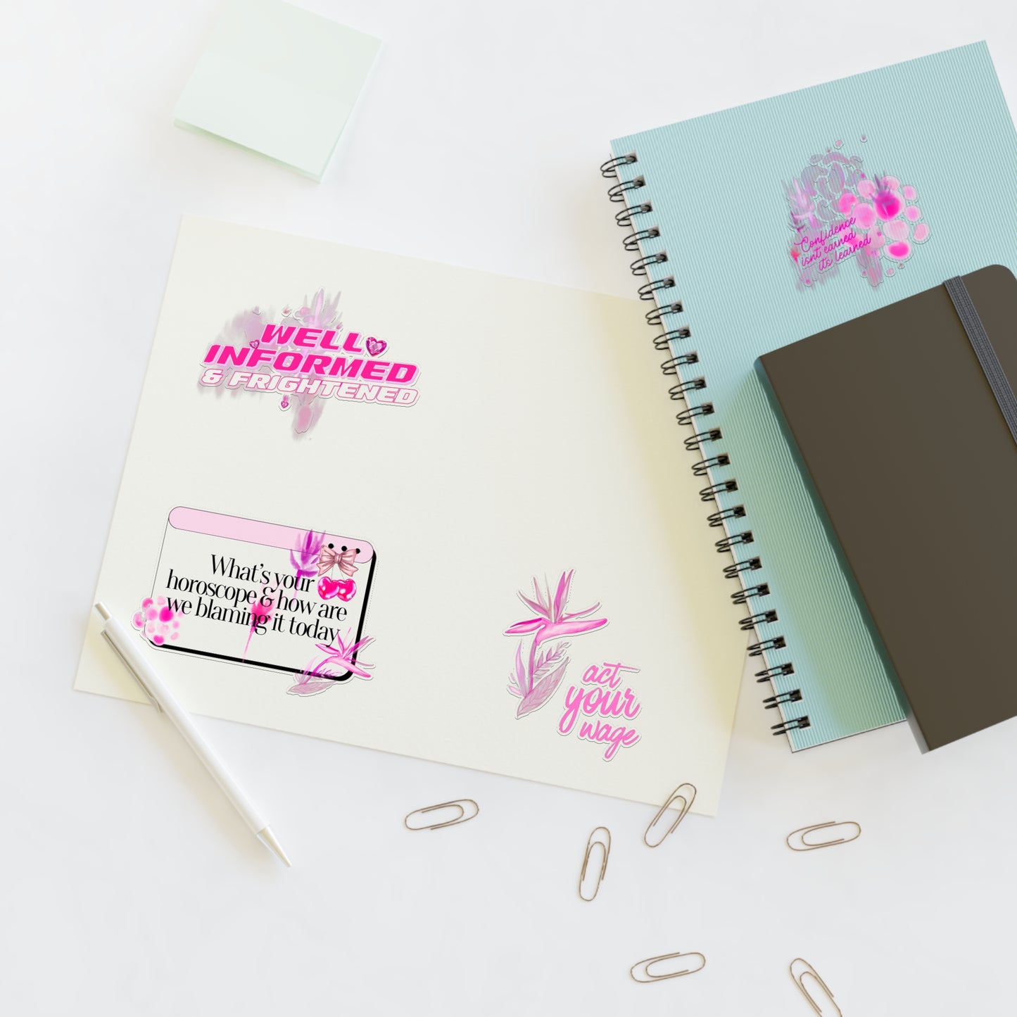 Well Informed & Frightened Pink Aesthetic Sticker Sheet — Horoscope, Floral & “Act Your Way” Designs
