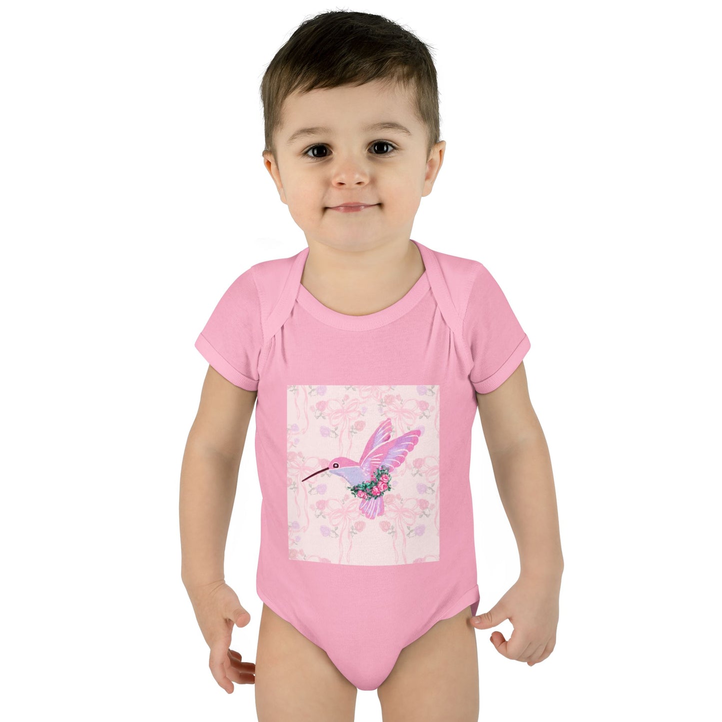 Pink Watercolor Hummingbird Infant Bodysuit | Floral Square Art