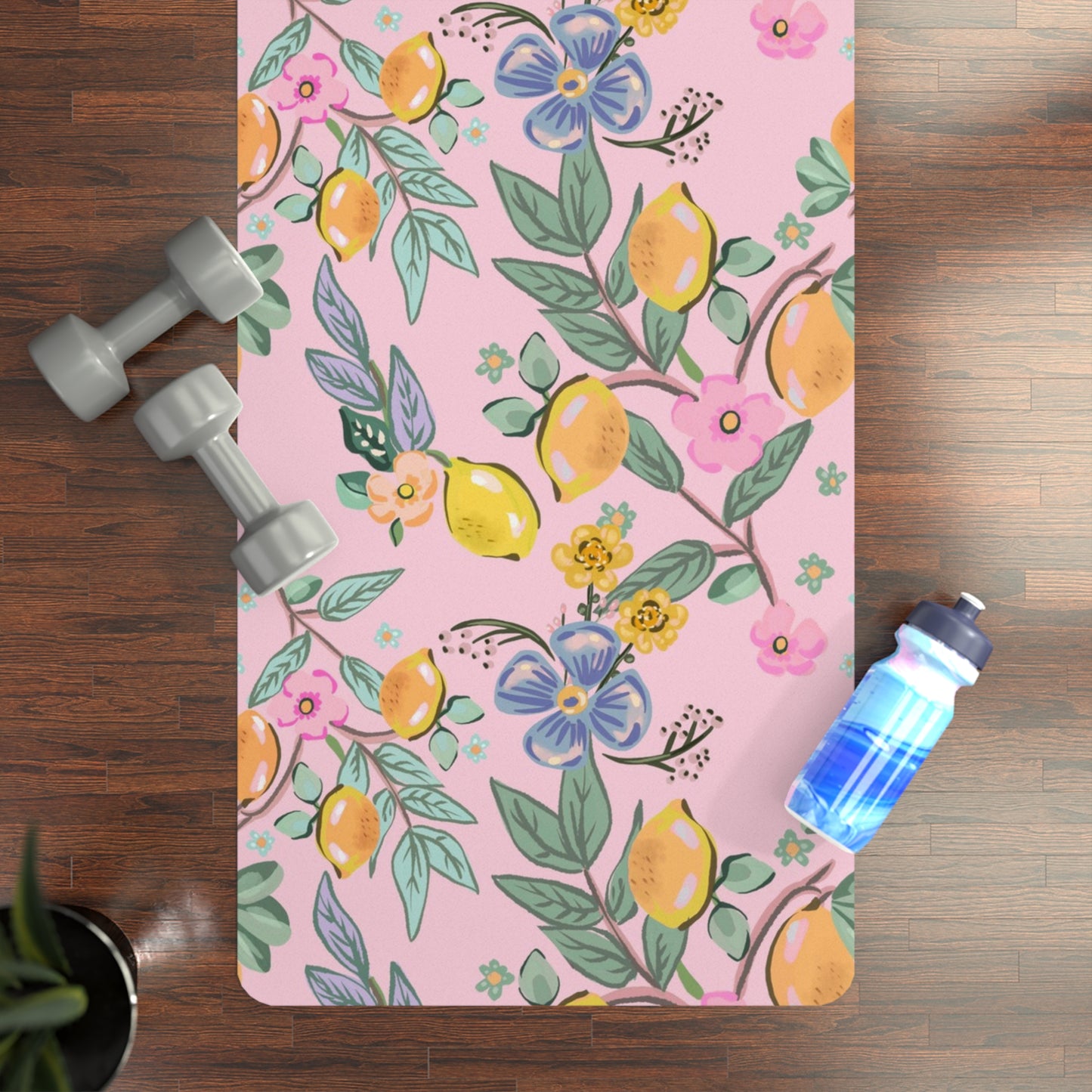Pink Lemon Blossom Yoga Mat — Non-Slip Rubber Mat with Floral Citrus Design