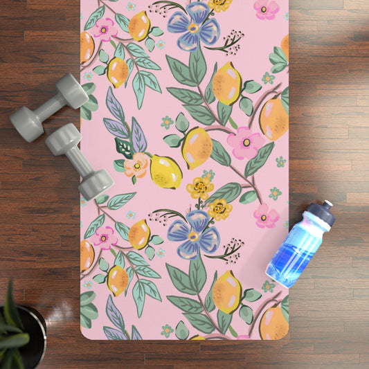 Pink Lemon Blossom Yoga Mat — Non-Slip Rubber Mat with Floral Citrus Design