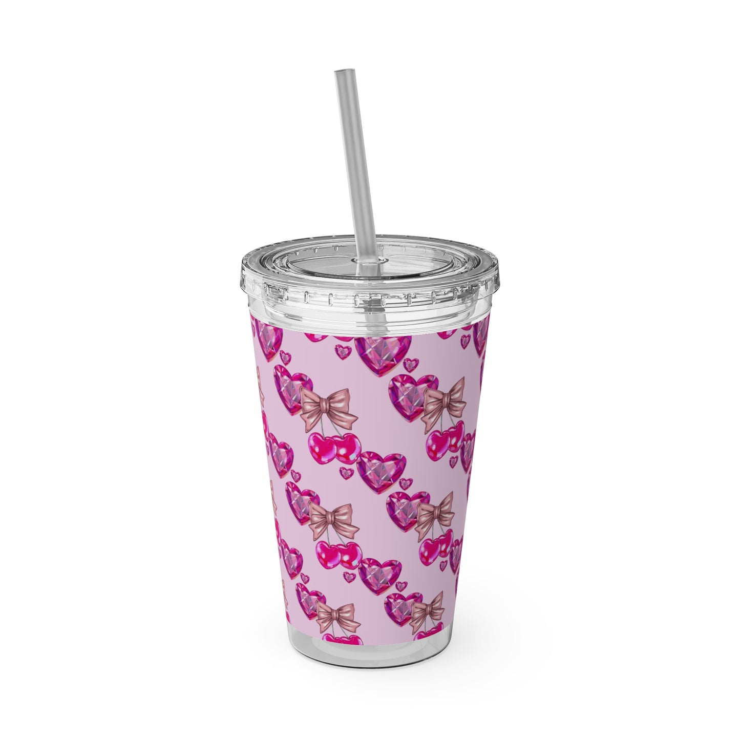 Heart Bow 16oz Tumbler with Straw — Pink Sunglasses & Bows Pattern