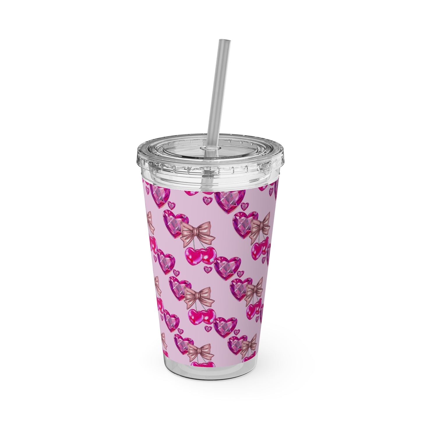 Heart Bow 16oz Tumbler with Straw — Pink Sunglasses & Bows Pattern