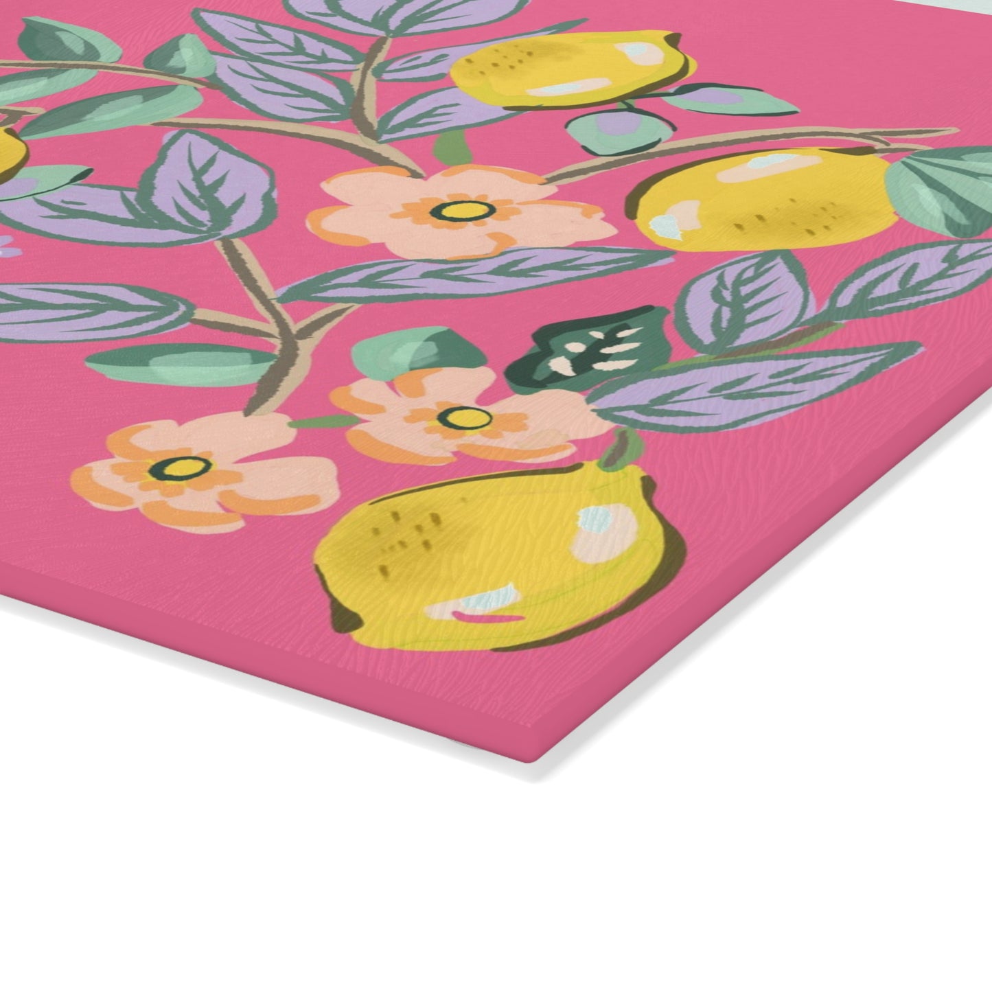 Glass Cutting Board - Lemon Floral Design on Pink