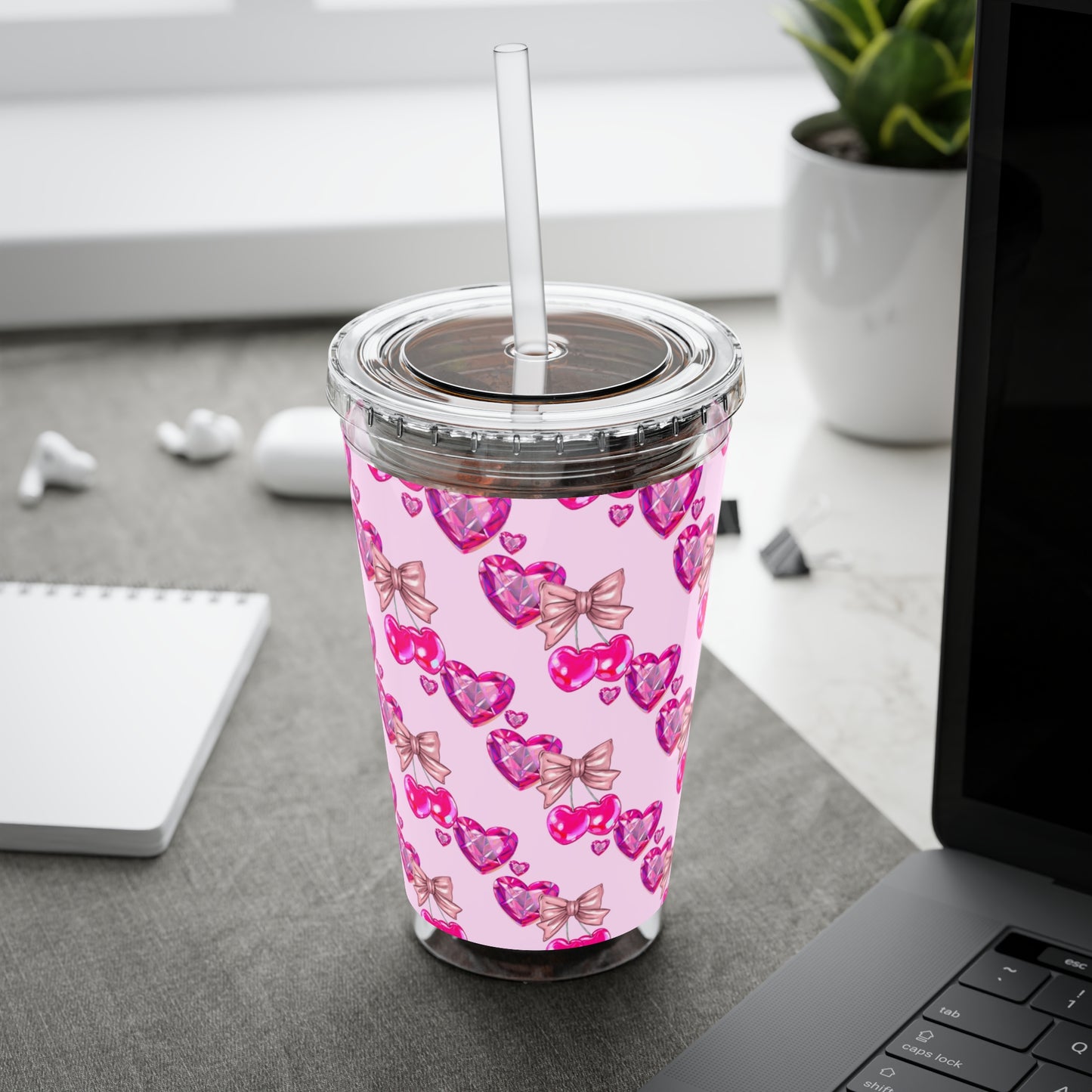 Heart Bow 16oz Tumbler with Straw — Pink Sunglasses & Bows Pattern
