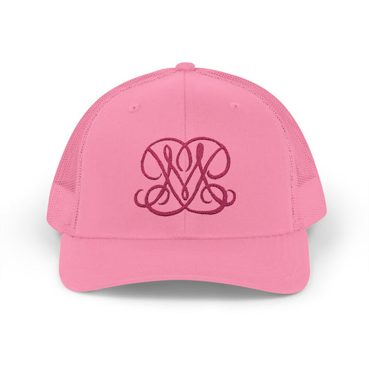 Embroidered Princess Marzipan logo Trucker Cap — Personalized Script Patch Snapback