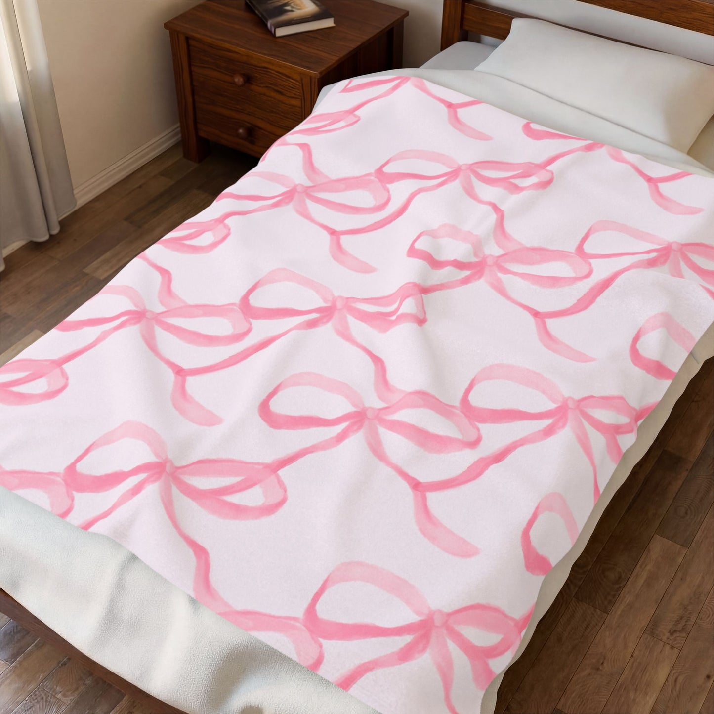 Pink Ribbon Bow Pattern Velveteen Plush Blanket | Soft Bow Print Throw