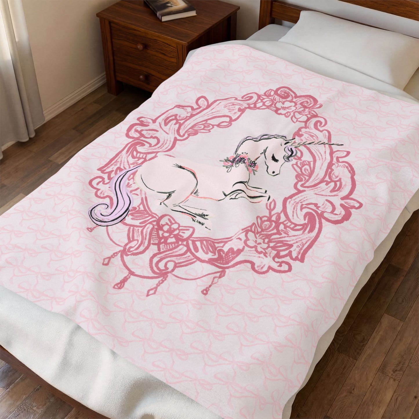 Floral Unicorn Illustration Velveteen Plush Blanket | Pink Fantasy Frame