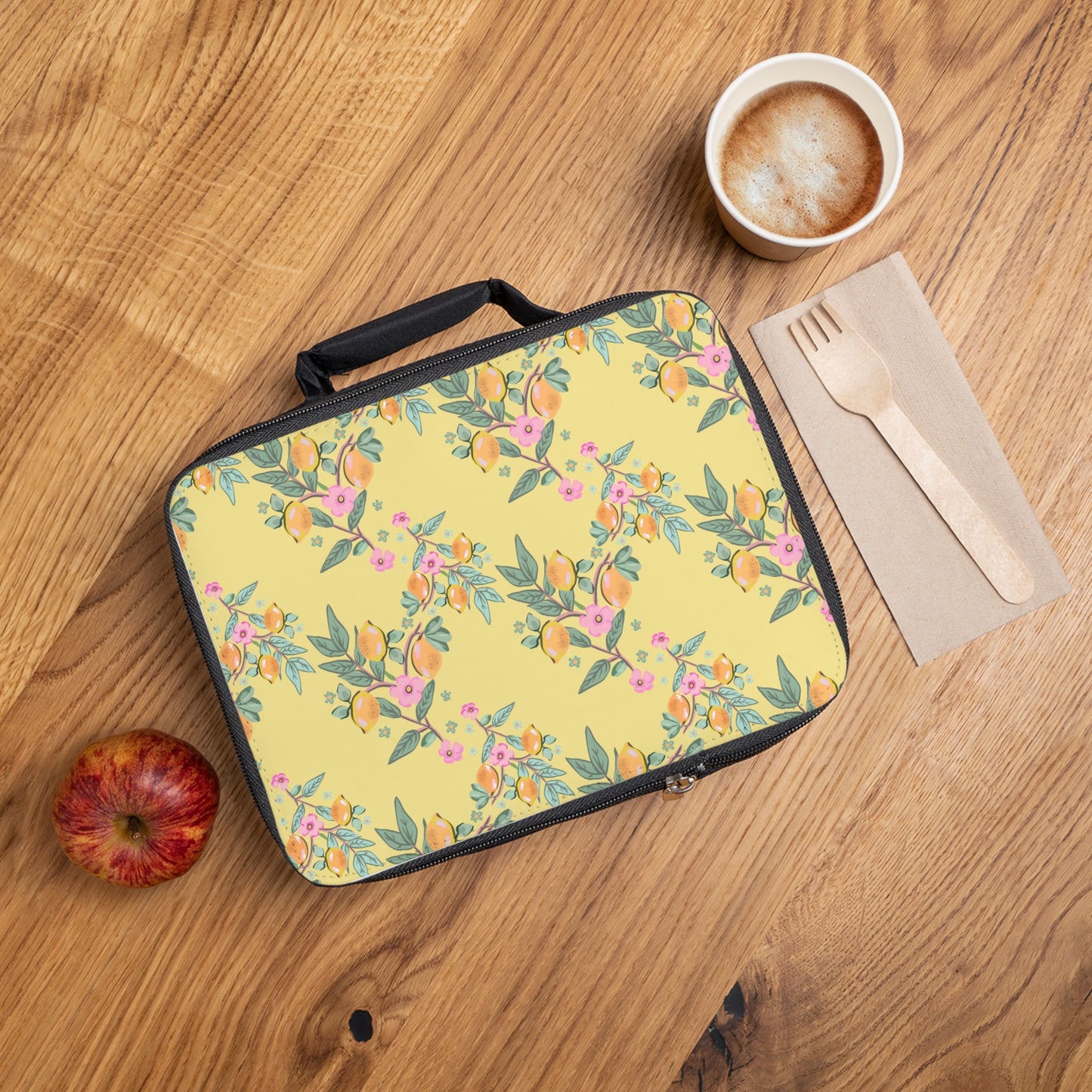 Floral Lemon Pattern Lunch Bag — Yellow Botanical Insulated Tote