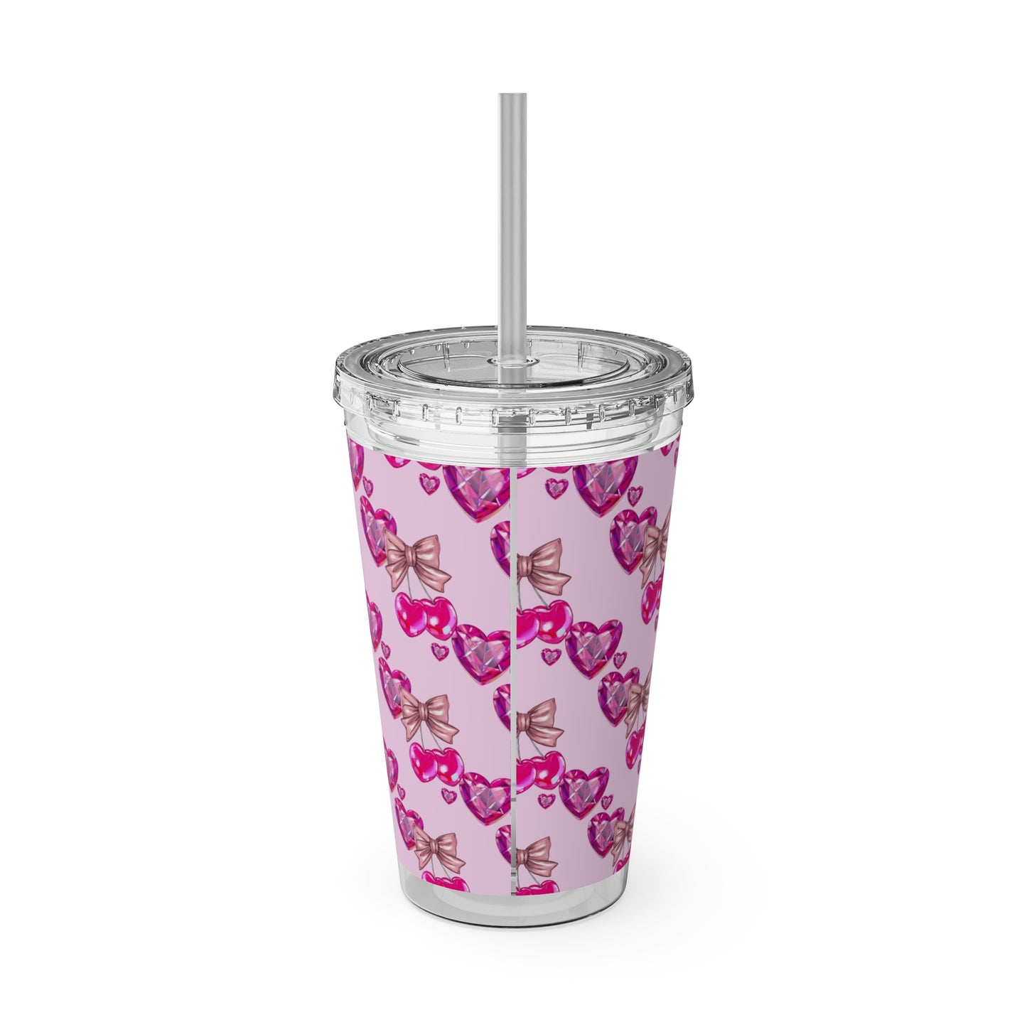 Heart Bow 16oz Tumbler with Straw — Pink Sunglasses & Bows Pattern